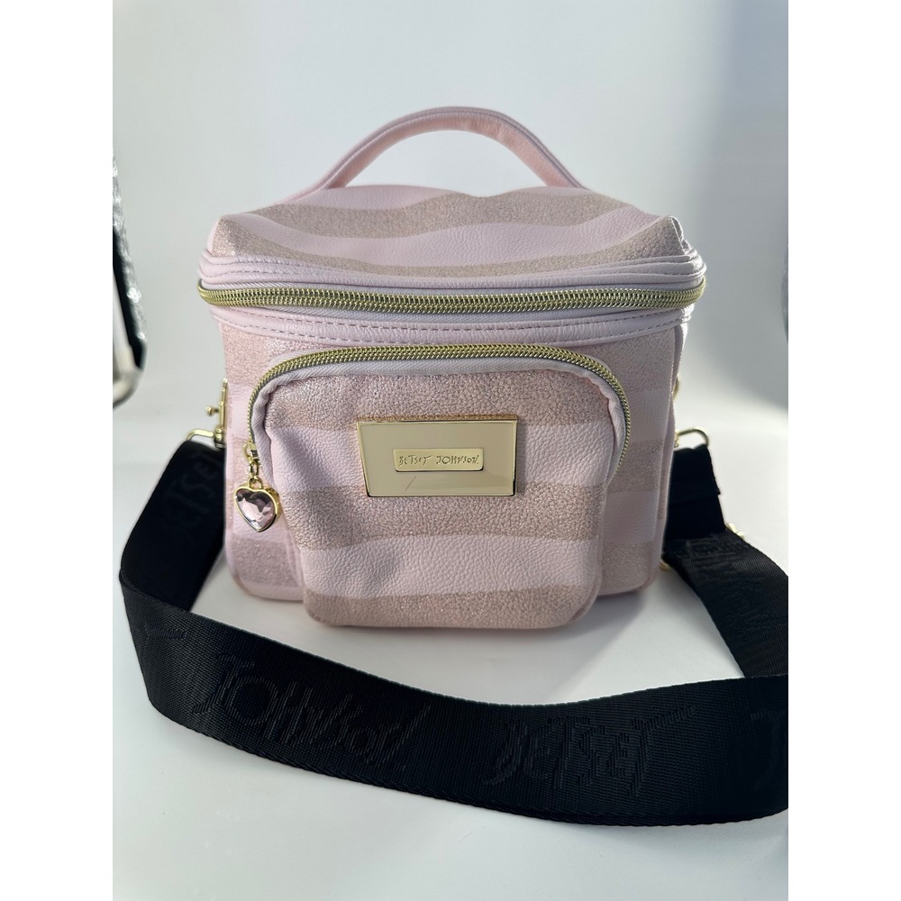 Betsey Johnson Pink Glitter Stripe Insulated Lunch Bag Crossbody Heart Charm